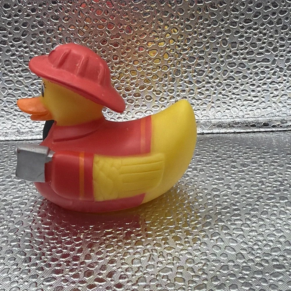VTG Firefighter Rubber Duck Bath Toy Jeep Collectible Red Uniform‎ Hose Axe 2007